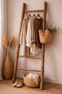 Holzleiter als Kleiderständer