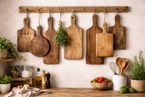 Rustikale Küchendekoration mit Holzbrettchen