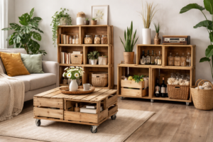 Upcycling im Wohnzimmer mit Holzregalen